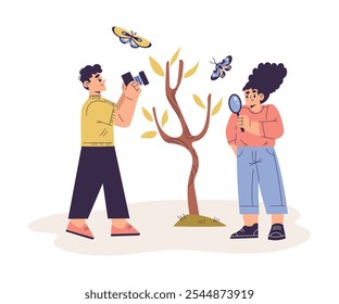 Boy and Girl Studying Plant and Insect Exploring Nature Vector Illustration