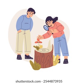 Boy and Girl Studying Plant and Insect Exploring Nature Vector Illustration