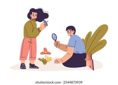 Boy and Girl Studying Plant and Insect Exploring Nature Vector Illustration