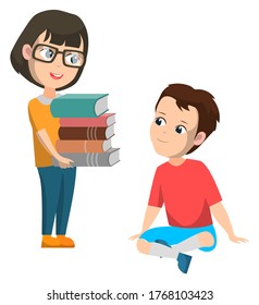 Boy and girl studying vector, isolated schoolgirl holding pile of books. Female character kid wearing glasses, pupil sitting on floor, back to school concept. Flat cartoon