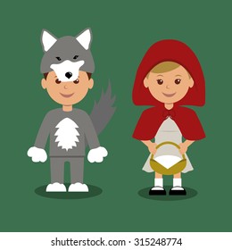 Boy and girl in suits of fairy tale about Little Red Riding Hood and gray wolf.