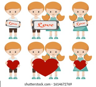 
Boy and girl in summer clothes. boy and girl holding a red heart in their hands. A boy and a girl are holding a tablet with the word love.
