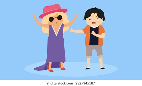 Boy and girl in summer clothes. Vector illustration on blue background.