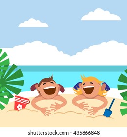 Boy and girl sunbathing and playing on the beach. Vector illustration. Grouped for easy editing.