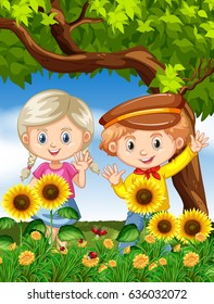 Boy and girl in sunflower garden illustration