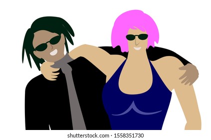 A boy and a girl in sunglasses are hugging on white background. Friendship between a man and a woman. EPS10 vector illustration