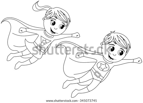 Boy Girl Superhero Kids Flying Coloring Stock Vector Royalty Free