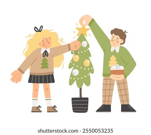 Boy and girl in sweaters decorate a Christmas tree. Cute flat vector illustration in cartoon style.Template for New Year or Christmas greeting card.