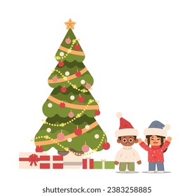 Boy and a girl in sweaters and Santa hats stand near a Christmas tree on isolated background. Cartoon flat illustration