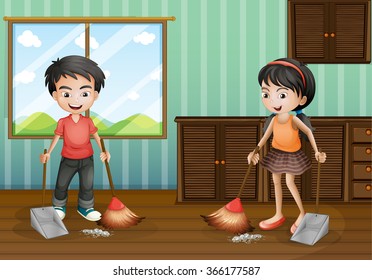 Boy and girl sweeping the floor illustration
