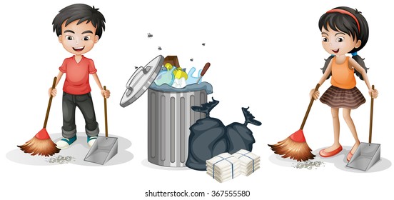 Boy and girl sweeping the floor illustration
