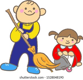 Boy and girl sweeping outdoors