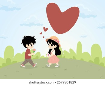 Boy and Girl sweet love valentine wedding cartoon cute illustration nature background design