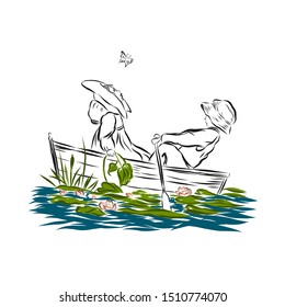 Boy and girl swim in a boat on the river with water lilies. Children on a walk. Flying butterfly. Happy childhood. 