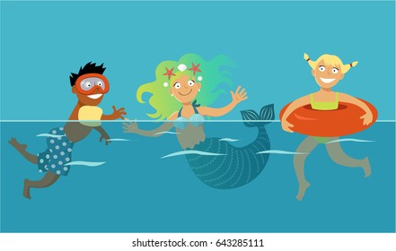 Boy and girl swimming with a cute cartoon mermaid, EPS 8 vector illustration, transparent layer on top