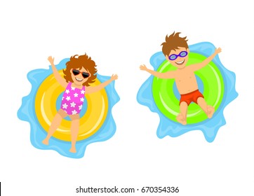 boy and girl swimming on inflatable inner rings, top view, isolated