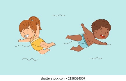 Boy and girl swimming in swimming pool. Children performing water sports activity cartoon vector illustration