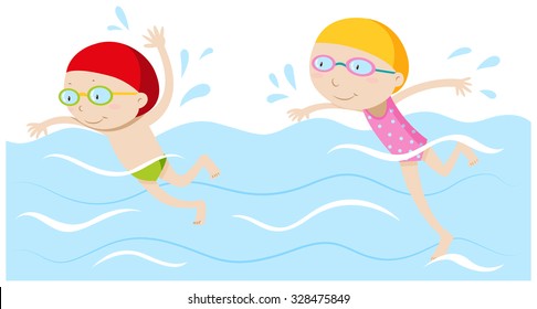 Boy and girl swimming in the pool illustration