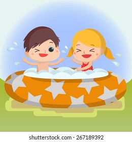 boy and girl in swimming pool Mascot cartoon great for any use. Vector EPS10.