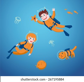 Boy and girl are swimming with a scuba diving. Vector illustration.