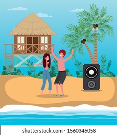 Boy and girl with swimwear dancing on the beach design, summer vacation and travel theme Vector illustration