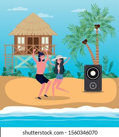 Boy and girl with swimwear dancing on the beach design, summer vacation and travel theme Vector illustration