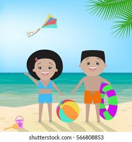 Boy and girl in swimwear on the beach. African American children. Vector cartoon