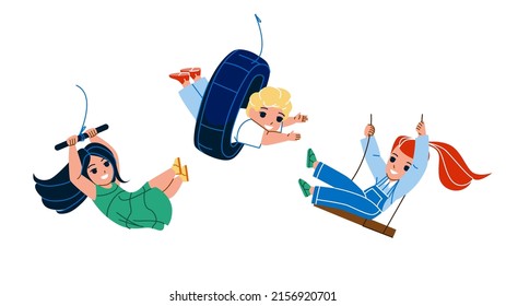 Boy And Girl Swinging On Swing And Bungee Vector. Happiness Children Swinging Togetherness And Playing On Playground. Characters Kids Funny Leisure Time Outdoor Flat Cartoon Illustration