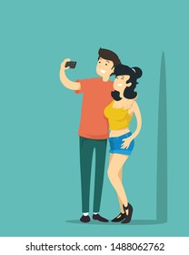 Boy and girl take selfie. Vector illustration.