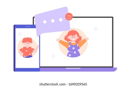Boy and girl talk online. Video call, chat, comments. Children's communication on social networks. Smartphone and laptop. Vector flat illustration.