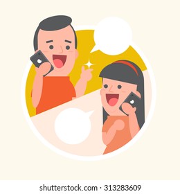 Boy and Girl talk through mobile phones - white speech bubbles - Vector Illustration