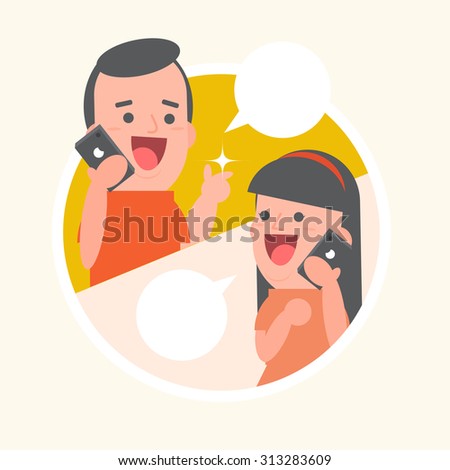 Boy and Girl talk through mobile phones - white speech bubbles - Vector Illustration