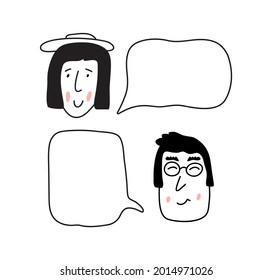 Boy and girl talking. Bubles with place for text. Beautiful vector illustration cartoon scandinavian design style.