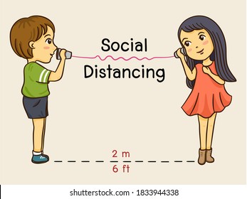 boy and girl talking with cup telephone, sound waves to rope, social distancing,vector,illustration