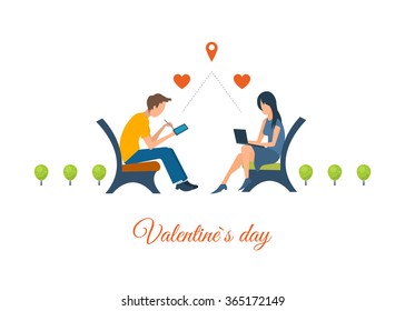 Boy and girl talking on the internet. Online communication. Meeting love couple. Valentine Day postcard. Valentine's day greeting letter. Valentines Day gift card. Invitation card for wedding. 