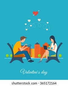 Boy and girl talking on the internet. Online communication. Meeting love couple. Valentine Day postcard. Valentine's day greeting letter. Valentines Day gift card. Invitation card for wedding. 