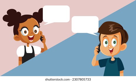 
Boy and Girl Talking over the Phone in a Dialogue Scene Vector Cartoon. Friends having a long phone conversation speaking to each other.
