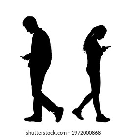 Boy and girl talking and watch on phone, separated with their back to back vector silhouette. Sad breakup couple wait for partners call. Teenagers love trouble conflict, suspicion of fraud adultery.