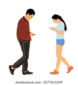 Boy and girl talking and watch on phone vector illustration. Sad breakup couple wait for partners call. Teenagers love trouble conflict, suspicion of fraud adultery. Boyfriend and girlfriend talk.