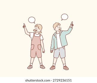 A boy and a girl are talking while pointing up. Original vector illustration drawn by hand.