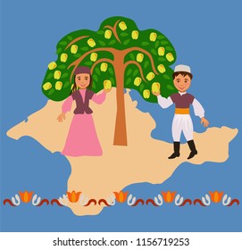 Boy and girl in the Tatar national costumes near a local apple varieties in the background silhouette of the Crimea