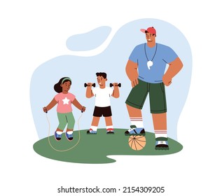 Muchacho y chica con profesor en el gimnasio de la escuela de patio trasero, ilustración plana vectorial aislada de fondo blanco. Educación física y formación deportiva para niños.