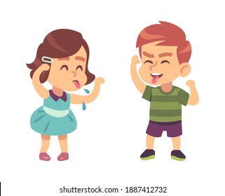 Boy and girl teasing each other. Naughty preschooler show tongue, happy children funny games, bad manners kids conflict on playground or kindergarten vector illustration isolated on white background