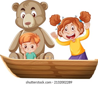 Junge und Mädchen und Teddybär auf einem Boot auf weißem Hintergrund