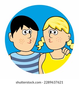 boy and girl, teenager, in love, young pair, vector illustration, blue circle frame