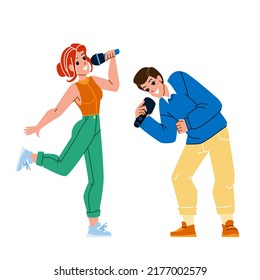 Boy And Girl Teenagers Singing In Karaoke Vector. Teens Singing Song In Microphone Together, Enjoying On Party. Characters Funny Leisure Time And Relaxation Flat Cartoon Illustration