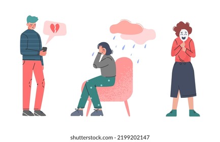 Boy and Girl Teenagers Suffering from Psychological Problems and Mental Disorder with Rainy Cloud and Mask Vector Set