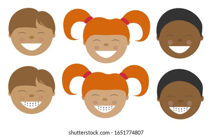 Boy and girl with teeth braces. International children with a tooth smile. Vector illustration white background for dentistry postcard poster