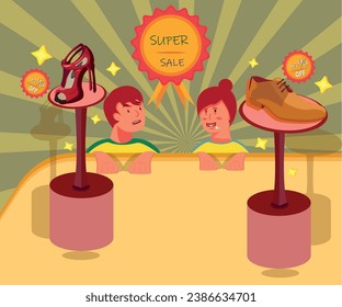 A Boy and a girl are tempted by the goods and discount prices in the shopping market. Super sale offering very low price. Luxurious shoes are 95 % off. Display mode.