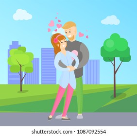 Boy and girl tenderly hugging, young lovers embracing each other, hearts over them, happy couple vector isolated on background of skyscrapers in city park